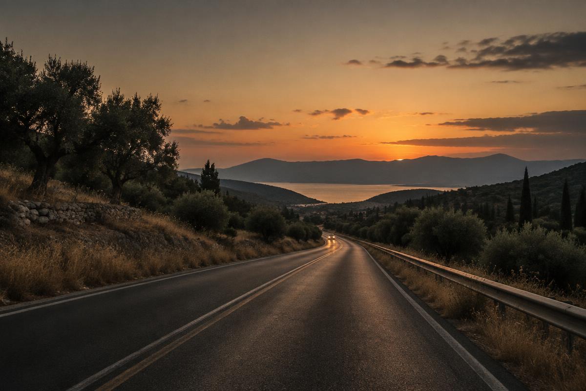 Επαρχιακός δρόμος στην Ελλάδα στο σούρουπο